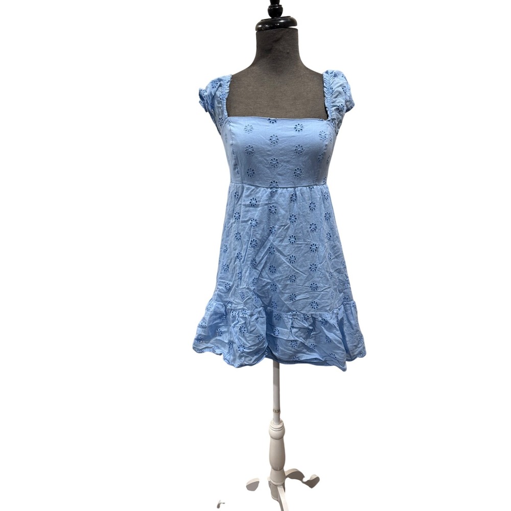Hollister Blue Eyelet Mini Dress Tie Back Cutout Ruffle Hem Cotton Womens Medium